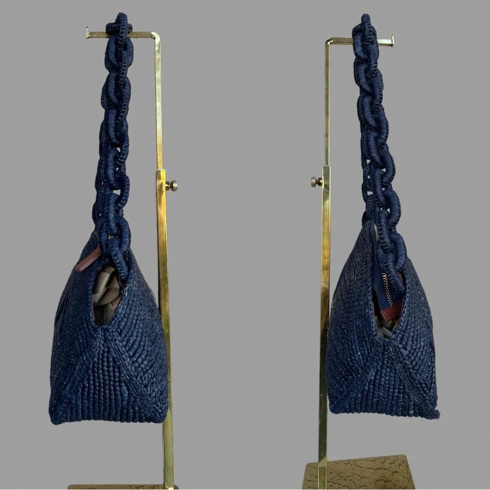 SEZANE Navy Blue Woven Braided Raffia Shoulder Bag Chain Link Strap Isabelle Bag - Picture 7 of 14